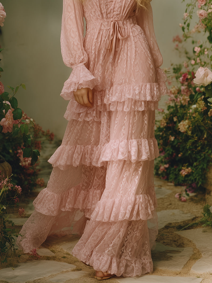 Romantic V-neck Pink Lace Multi-layered Ruffle Maxi Dress