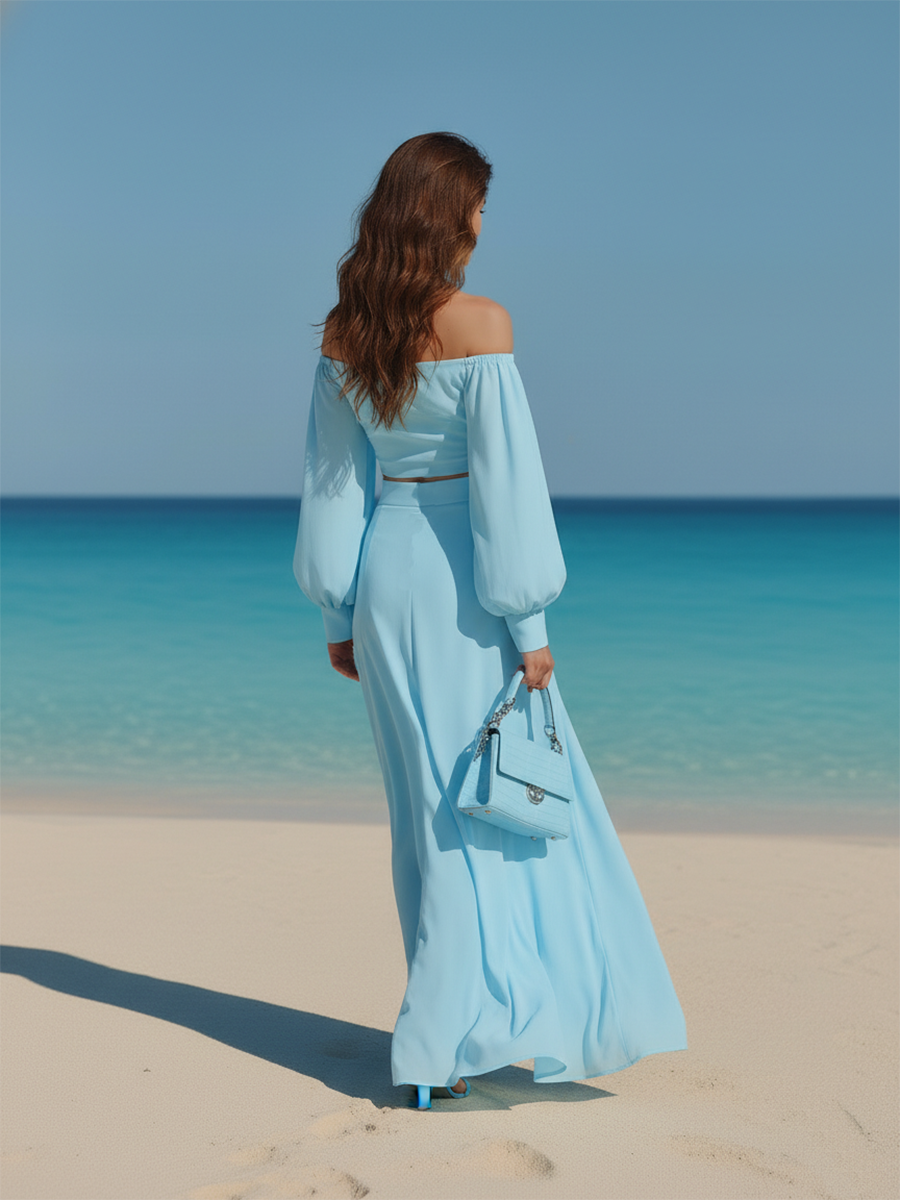 Vacation-style Blue Chiffon Off-the-shoulder Top And Skirt Set