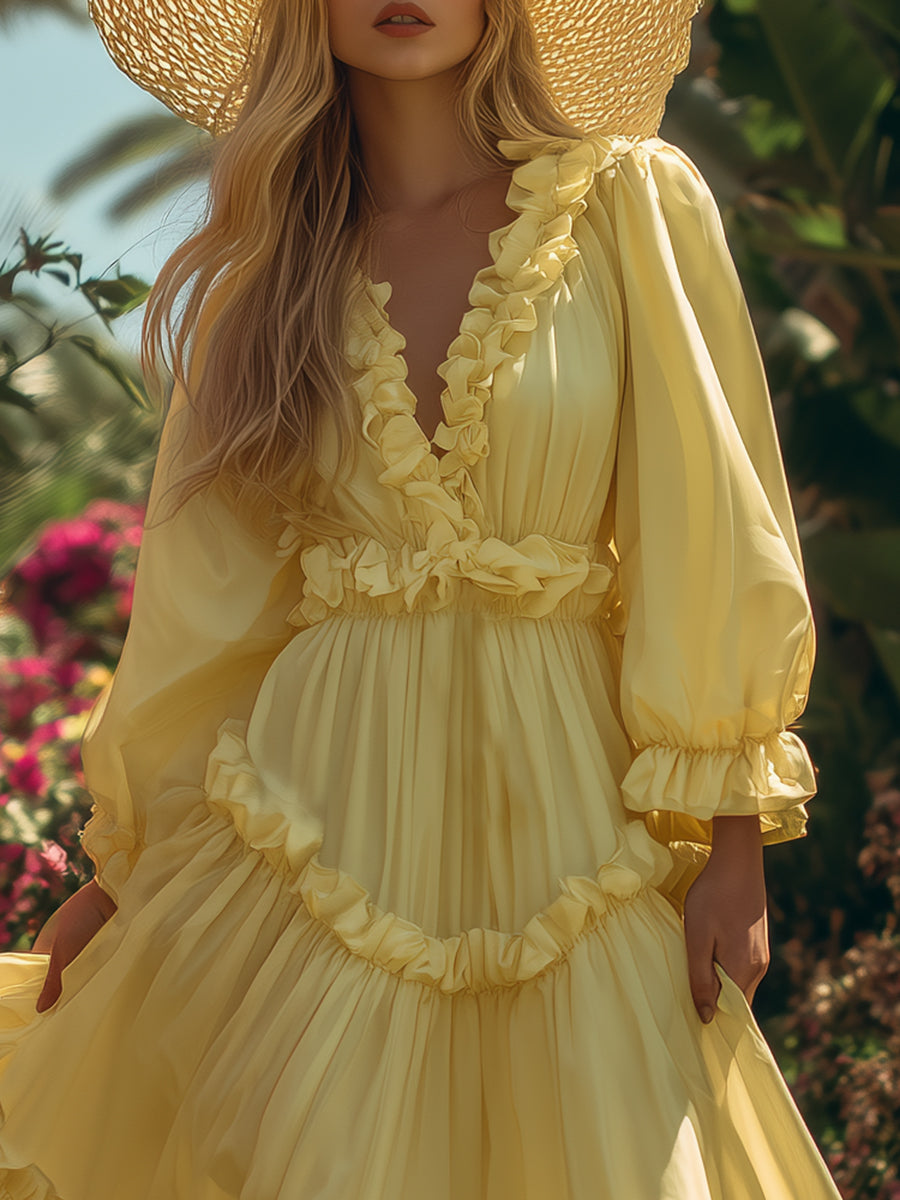 Bohemian Style Pale Yellow Multi-layered Cotton Ruffled Maxi Dress