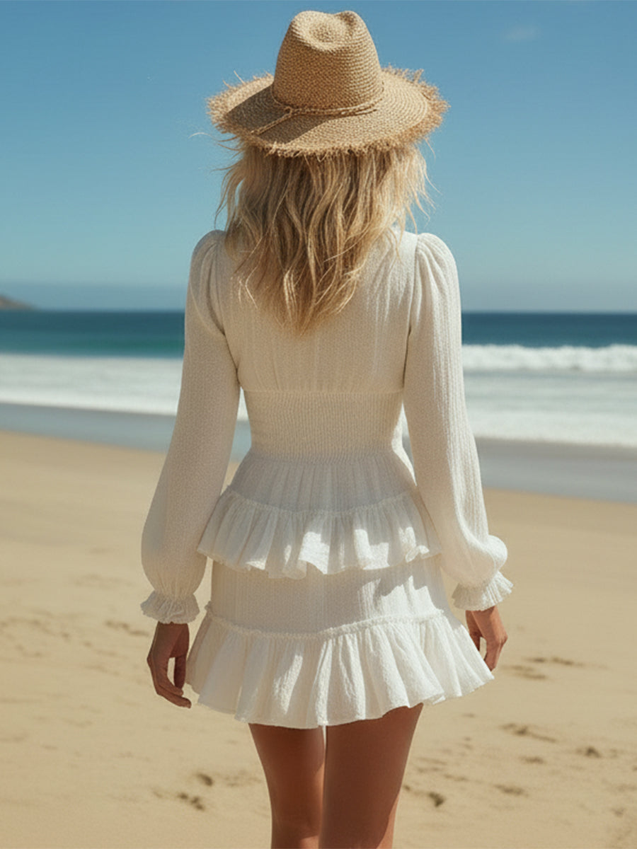 Fresh Bohemian Off-White Cotton Linen V-Neck Ruffle Mini Dress