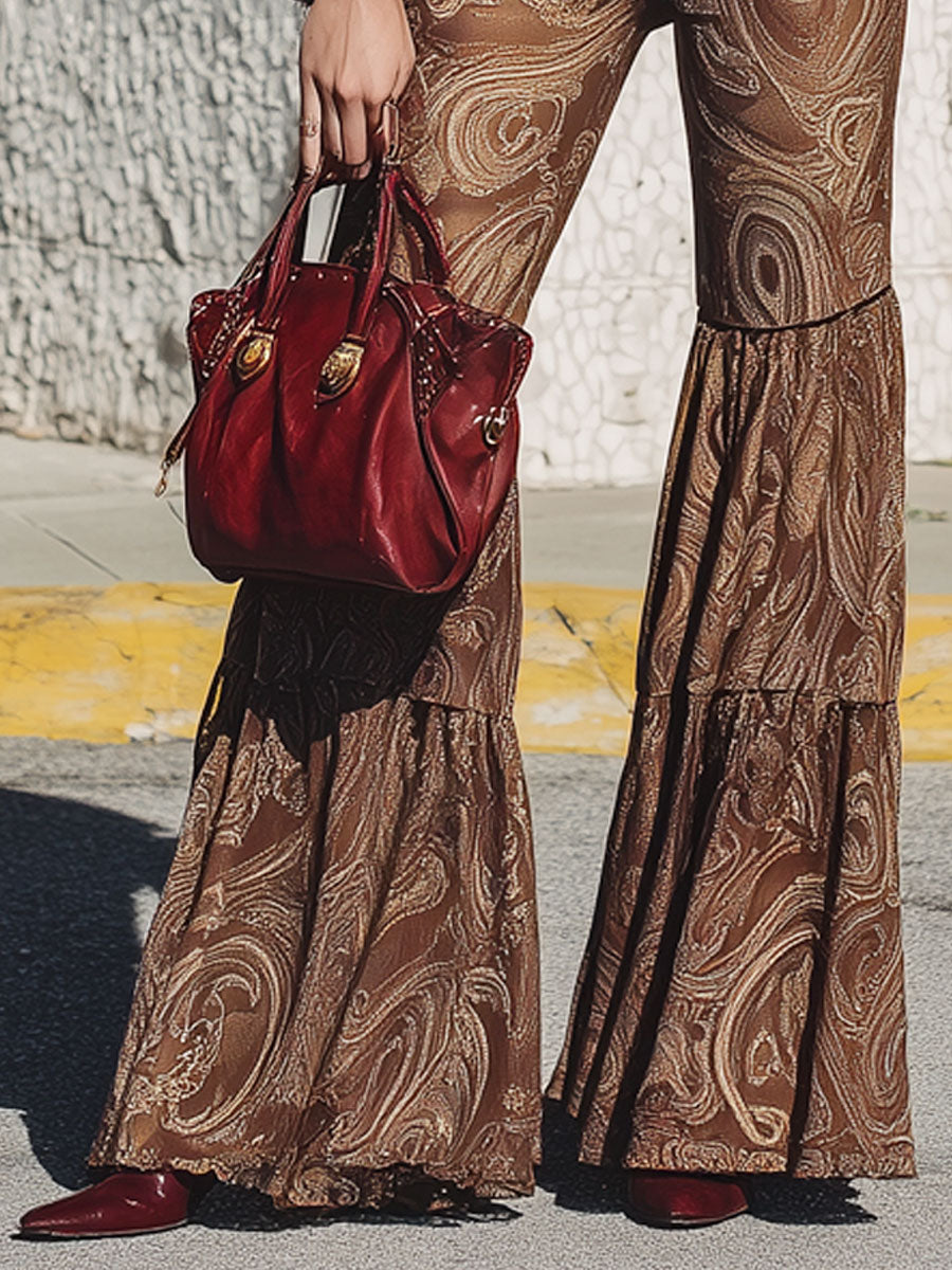 Vintage Paisley Print Brown Flared Pants