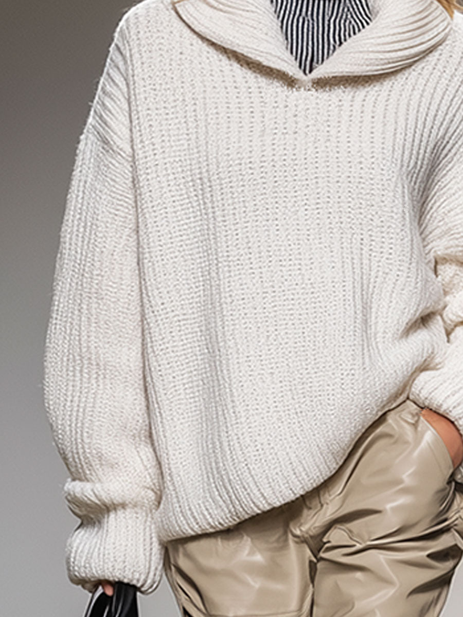 High-End Fashion Loose Lapel White Knitted Sweater