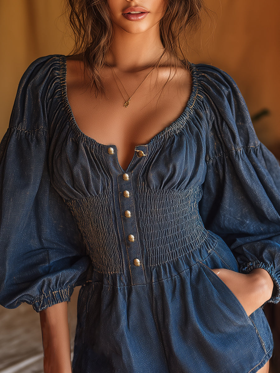 Bohemian Puff Sleeves And Gathered Waist Denim Jumpsuit