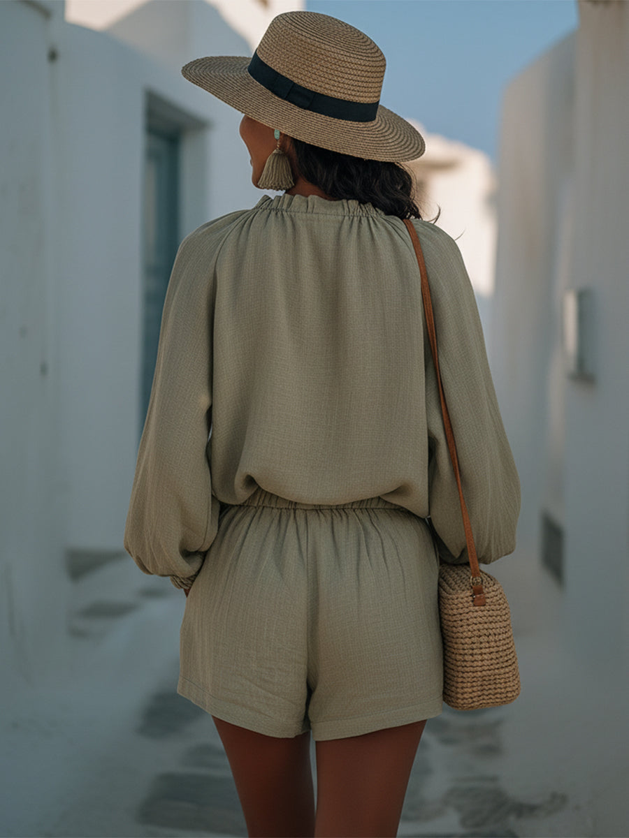 Bohemian Grey-green Cotton Linen Tie-up Tassel Lantern Sleeve Top And Shorts Set