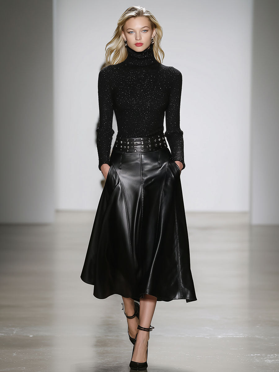 Fashion Retro Black High Waist Faux Leather Skirt