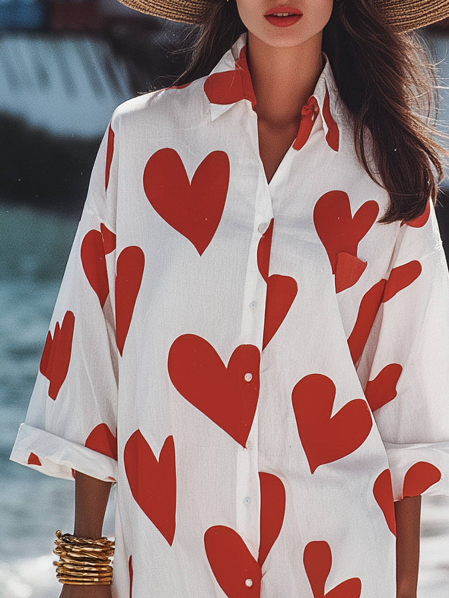 Casual Vacation Style Heart Print Long-sleeved Shirt  Midi Dress