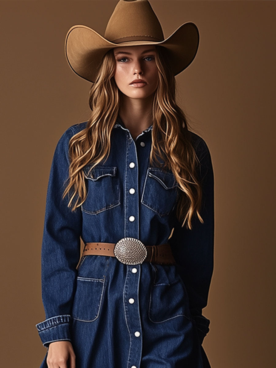Vintage Lace-Up Navy Denim Multi-Pocket Long Sleeve Raw Edge Maxi Dress