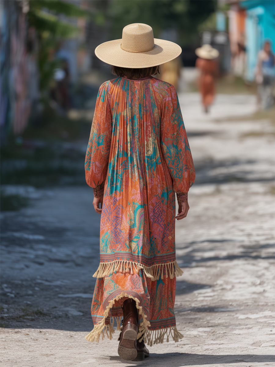 Loose-fitting Bohemian Print Tassel-trimmed Chiffon Maxi Dress