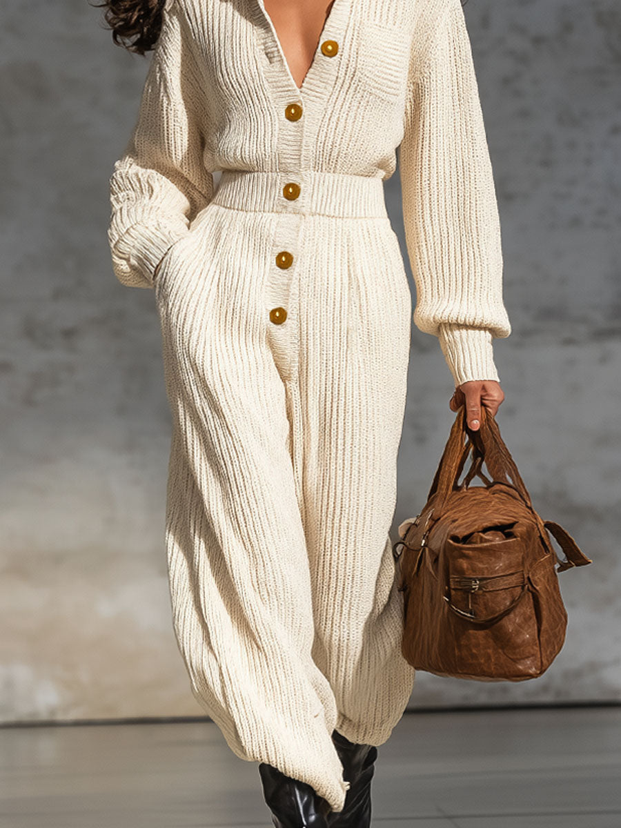 Lapel Single-breasted Knitted Jumpsuit