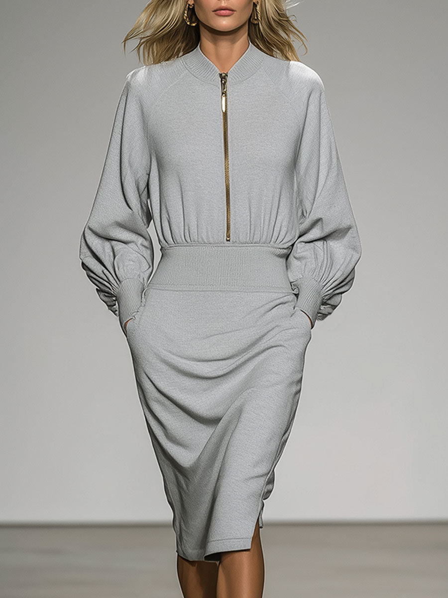 Casual Fashion Gray Zipper Knitted Sweater Midi Dress