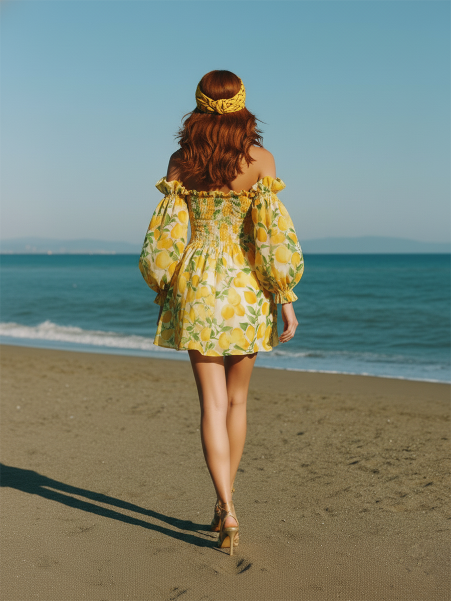 Yellow Vacation-style Chiffon Printed Off-the-shoulder Mini Dress