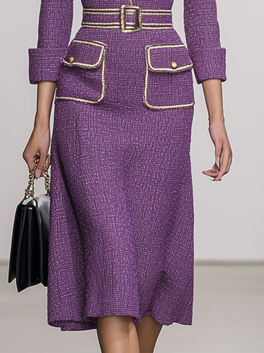 Vintage Elegant Purple Tweed Button Midi Dress