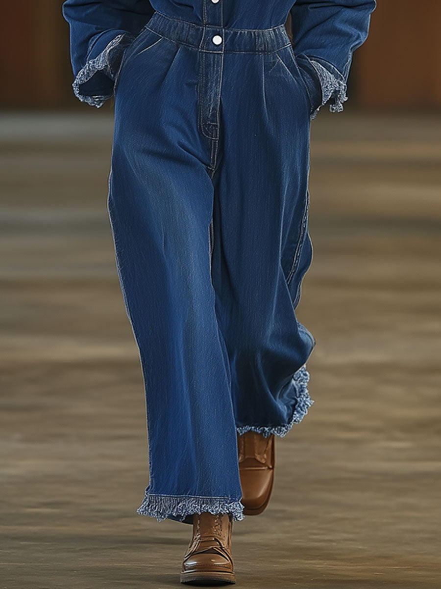 Casual Loose Retro Blue Denim Long Sleeve Elastic Waist Raw Edge Jumpsuit