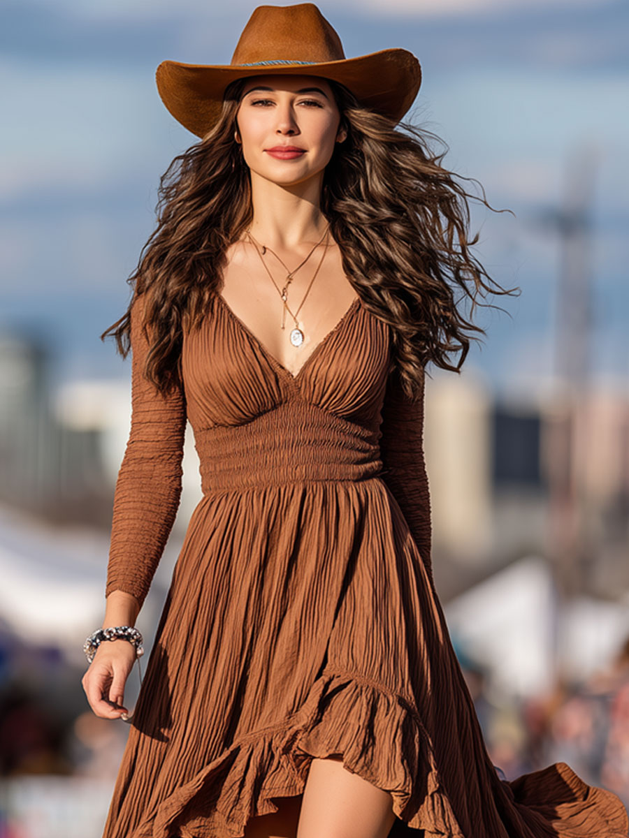 Western Retro Caramel Textured Pleated Long Sleeve Ruffled Midi Dress