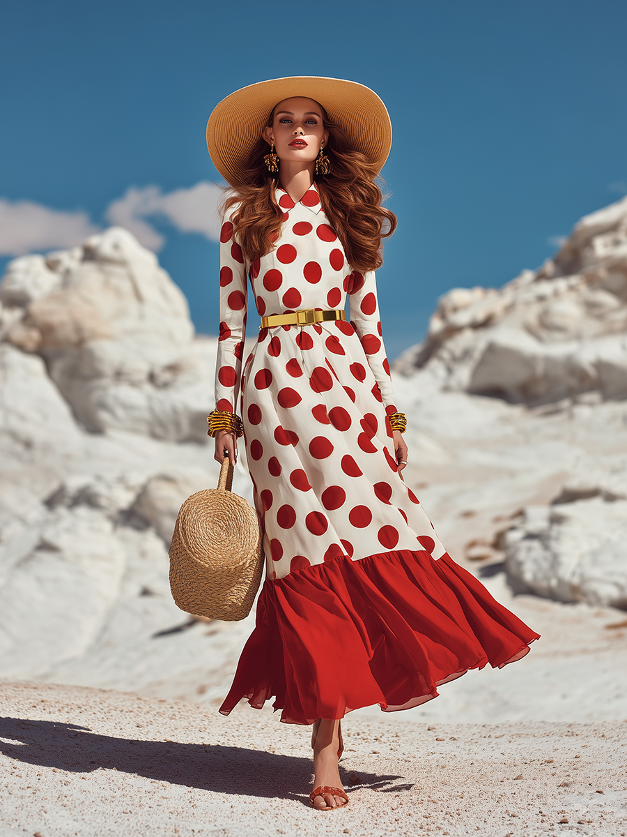 Classic Holiday Red Polka Dot Lapel Chiffon Maxi Dress