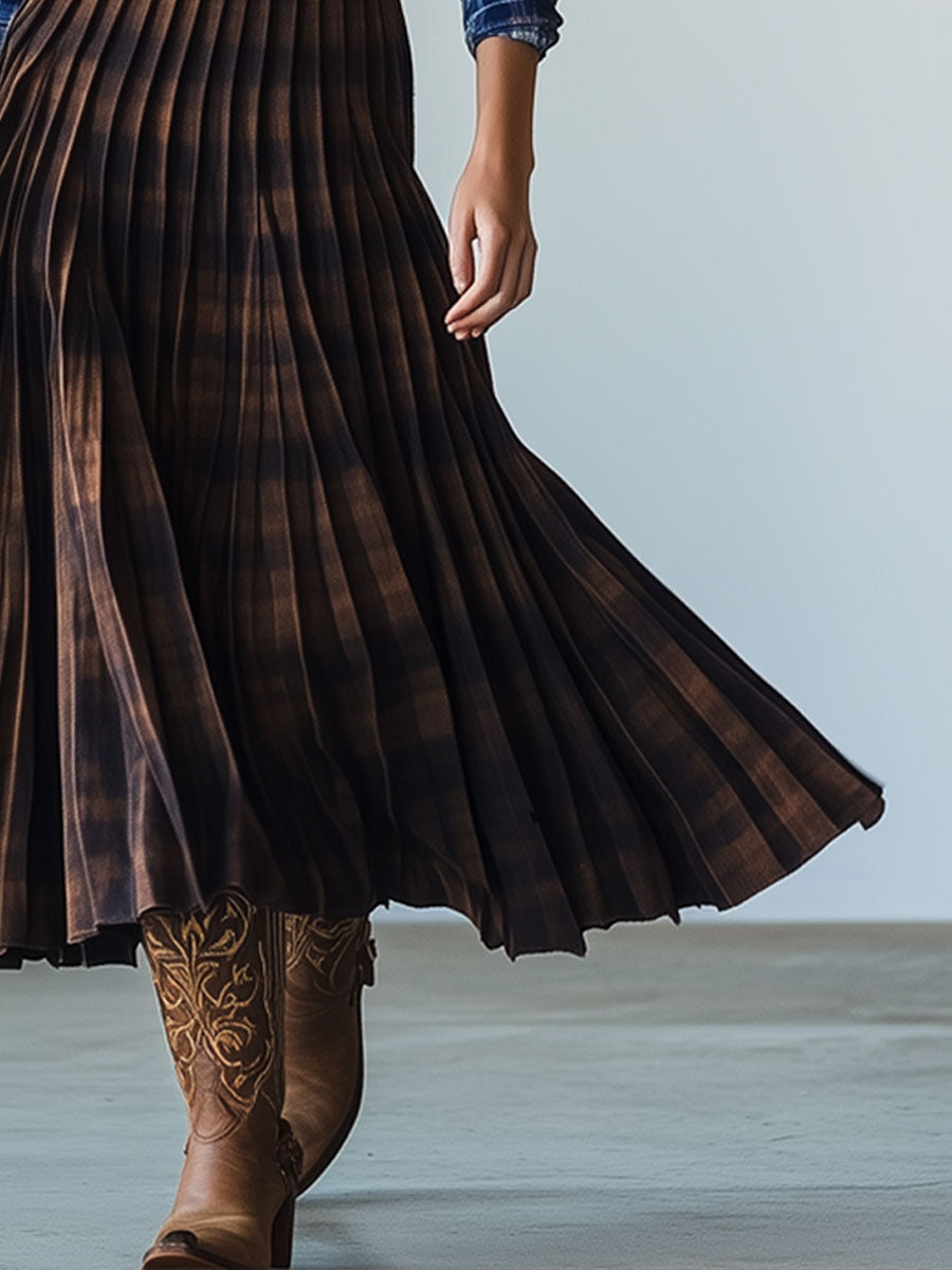 Casual Retro Brown Plaid Pleated Skirt