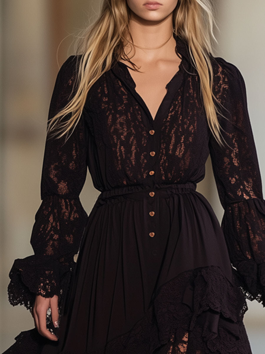 Vintage Cocoa Brown Lace Long Sleeve Elastic Waist Midi Dress