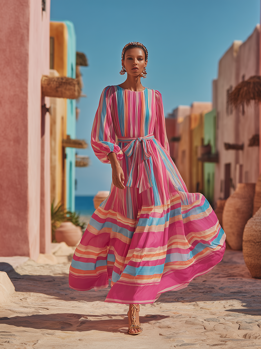 Elegant Bohemian Striped Print Chiffon Maxi Dress