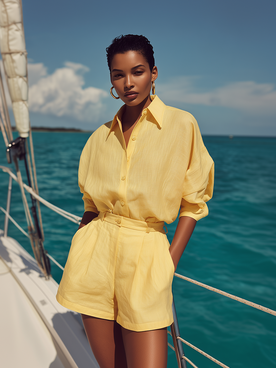 Casual Resort-style Yellow Cotton Shirt And Shorts Set