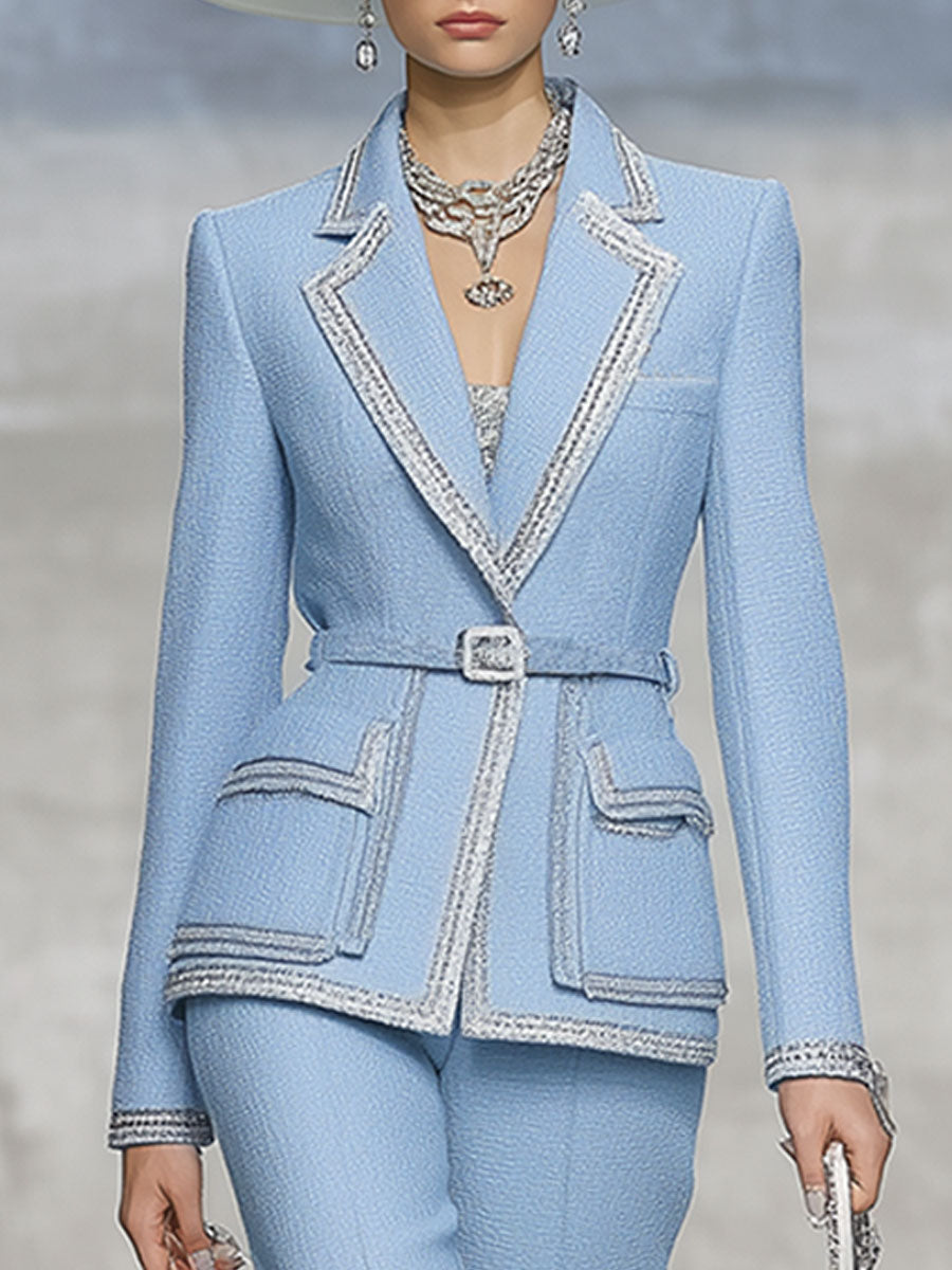 Elegant Vintage Blue Belted Tweed Top And Pants Set