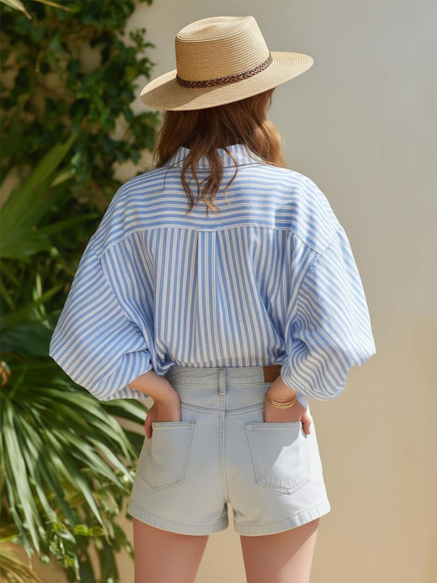 Resort-style Blue And White Striped Short-sleeved Shirt