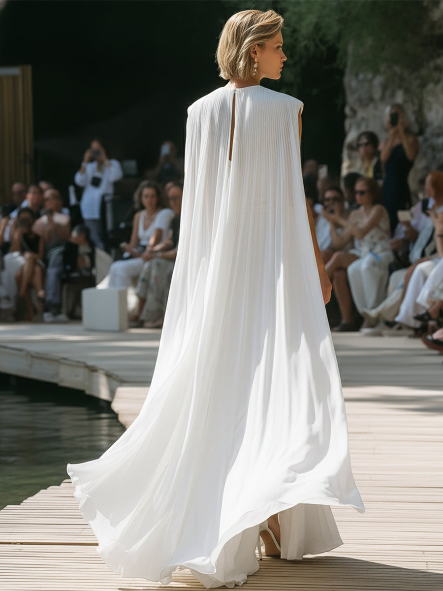 High-fashion White Pleated Sleeveless Cape Dress With Slits Maxi Dress