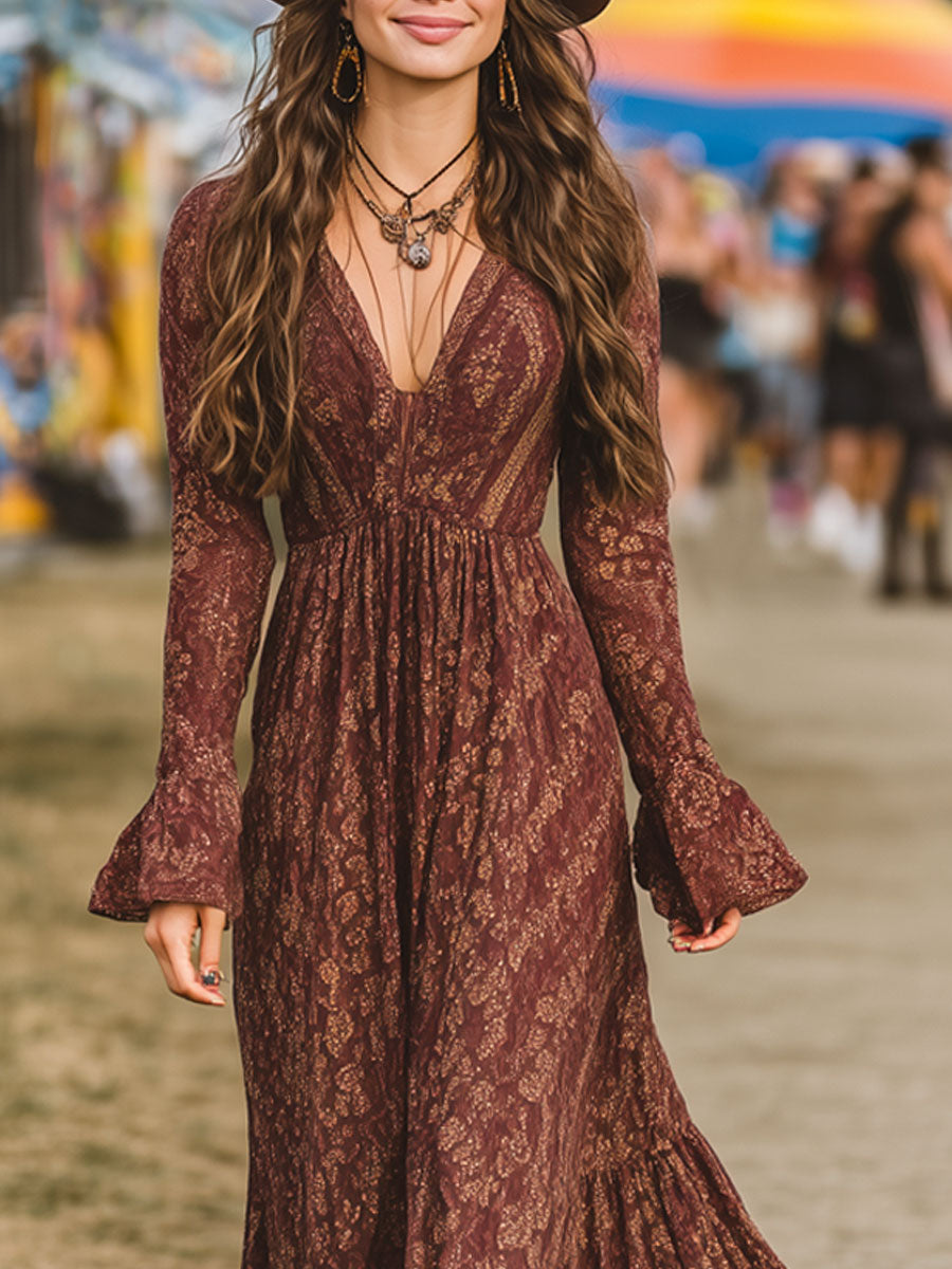 Retro Bohemian Brown Red Chiffon Print Long Sleeve Maxi Dress