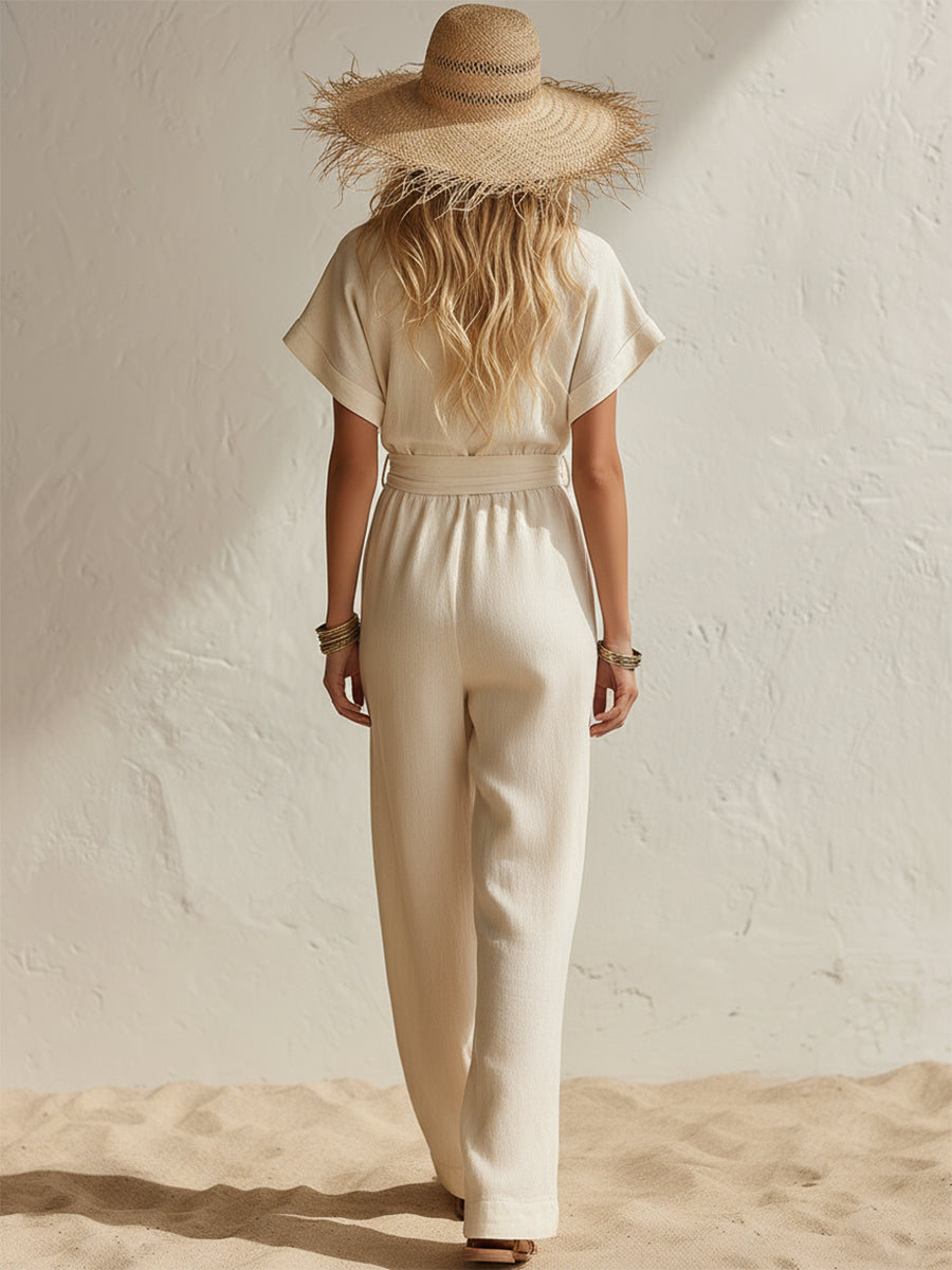 Bohemian Minimalist V-neck Button-down Off-white Cotton And Linen Jumpsuit
