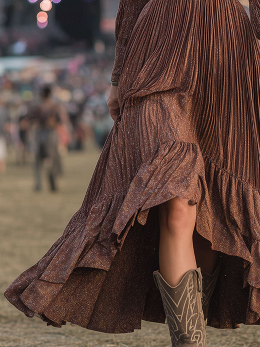 Western Retro Brown Pleated Print Long Sleeve Ruffle Maxi Dress