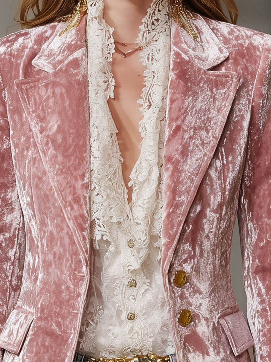 Fashion Retro Pink Velvet Gold Button Suit