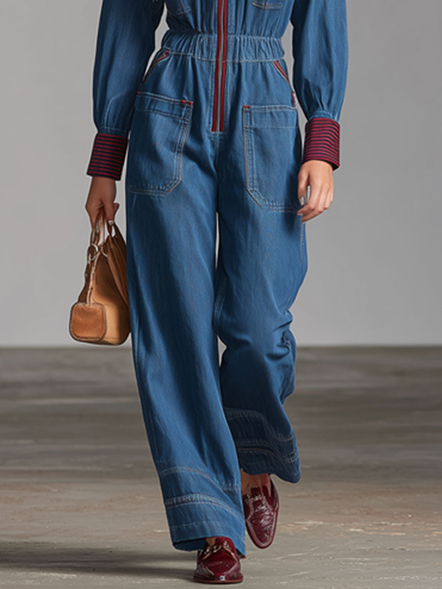 Retro Long-Sleeved Striped Blue Denim Zipper Wide-Leg Jumpsuit