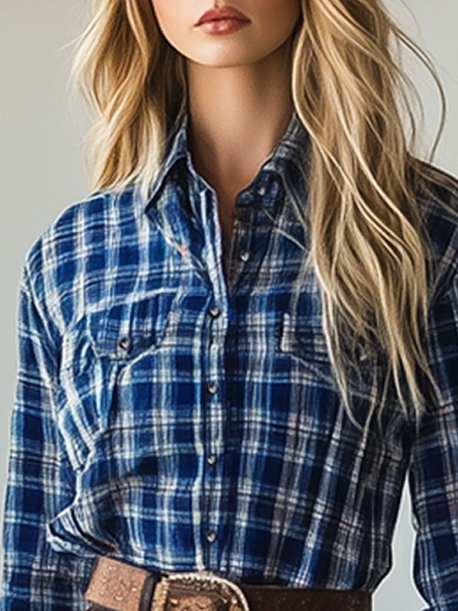 Casual Retro Blue Plaid Long Sleeve Shirt