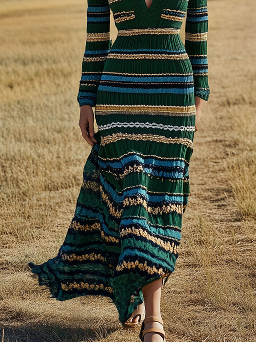 Vintage V-Neck Striped Knitted Long-Sleeved Maxi Dress