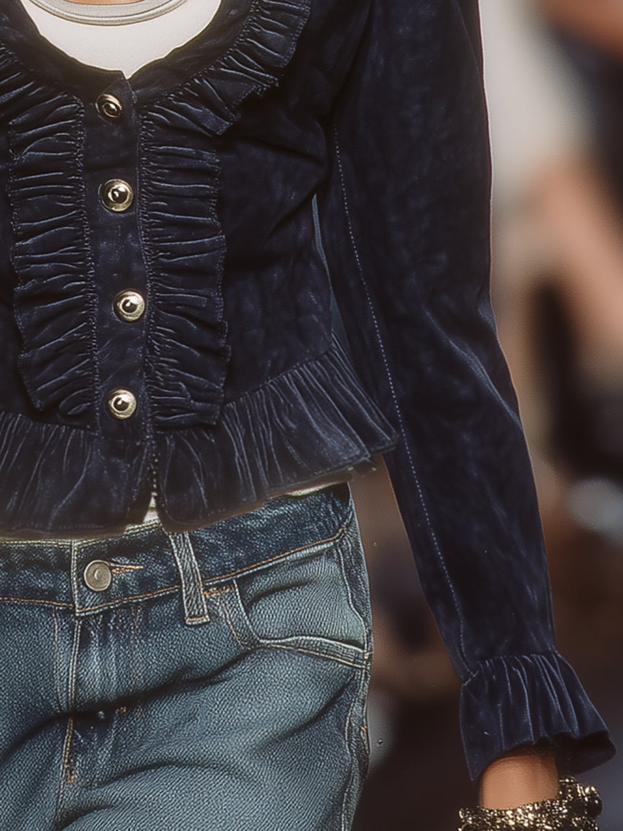 Fashion Retro Ruffle Button Dark Blue Faux Suede Jacket