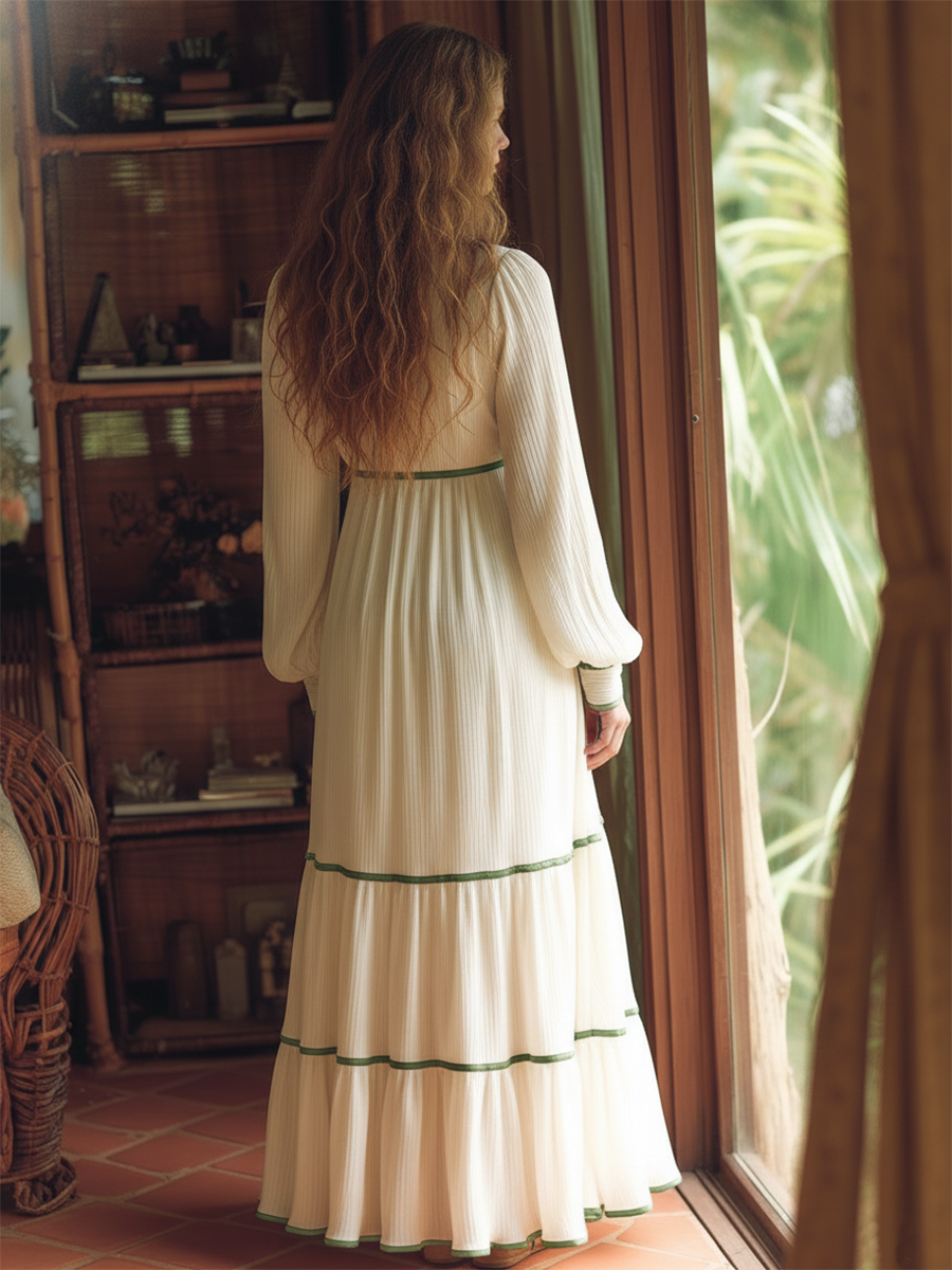 White Bohemian Style V-neck Cotton Crinkle Fabric Long-sleeved Maxi Dress