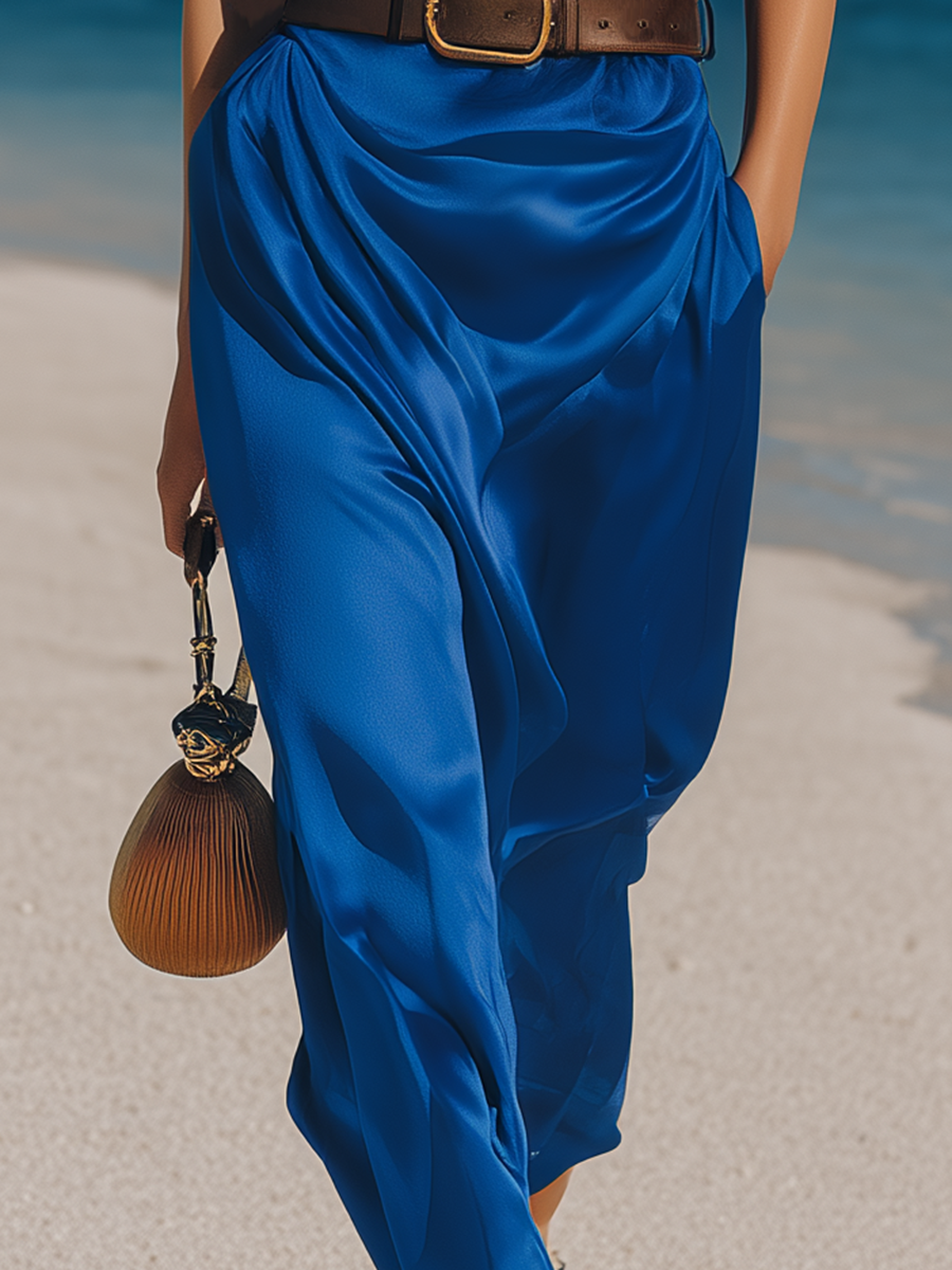 Vacation-style Blue Satin Sleeveless Maxi Dress
