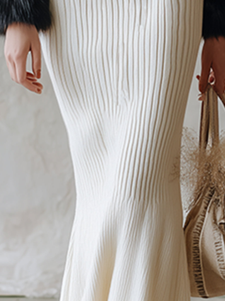 Elegant And Luxurious Faux Fur Detachable Collar White Knitted Maxi Dress