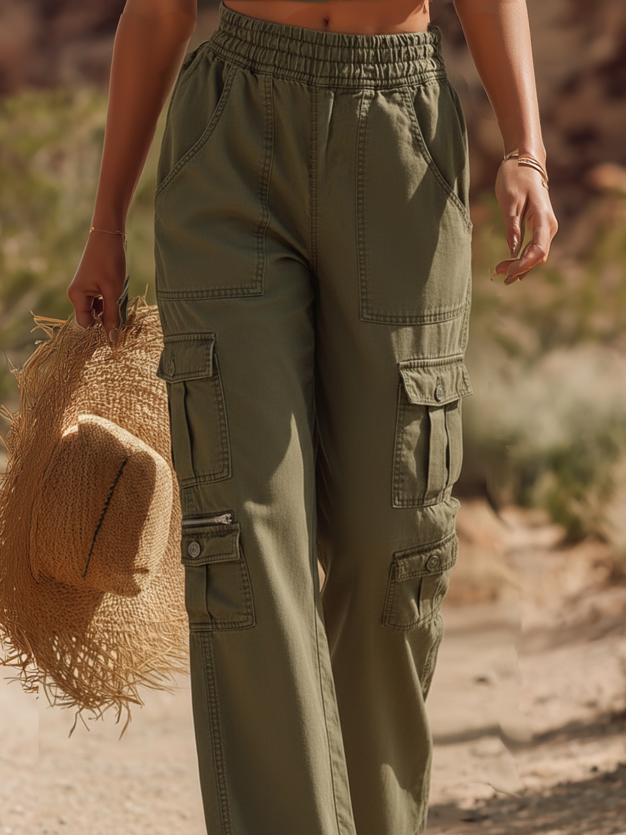 Vacation-style Army Green Camisole Top And Trousers Set