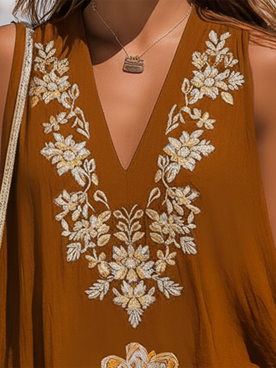 Bohemian Style Brown Embroidered V-neck Long Vest Top