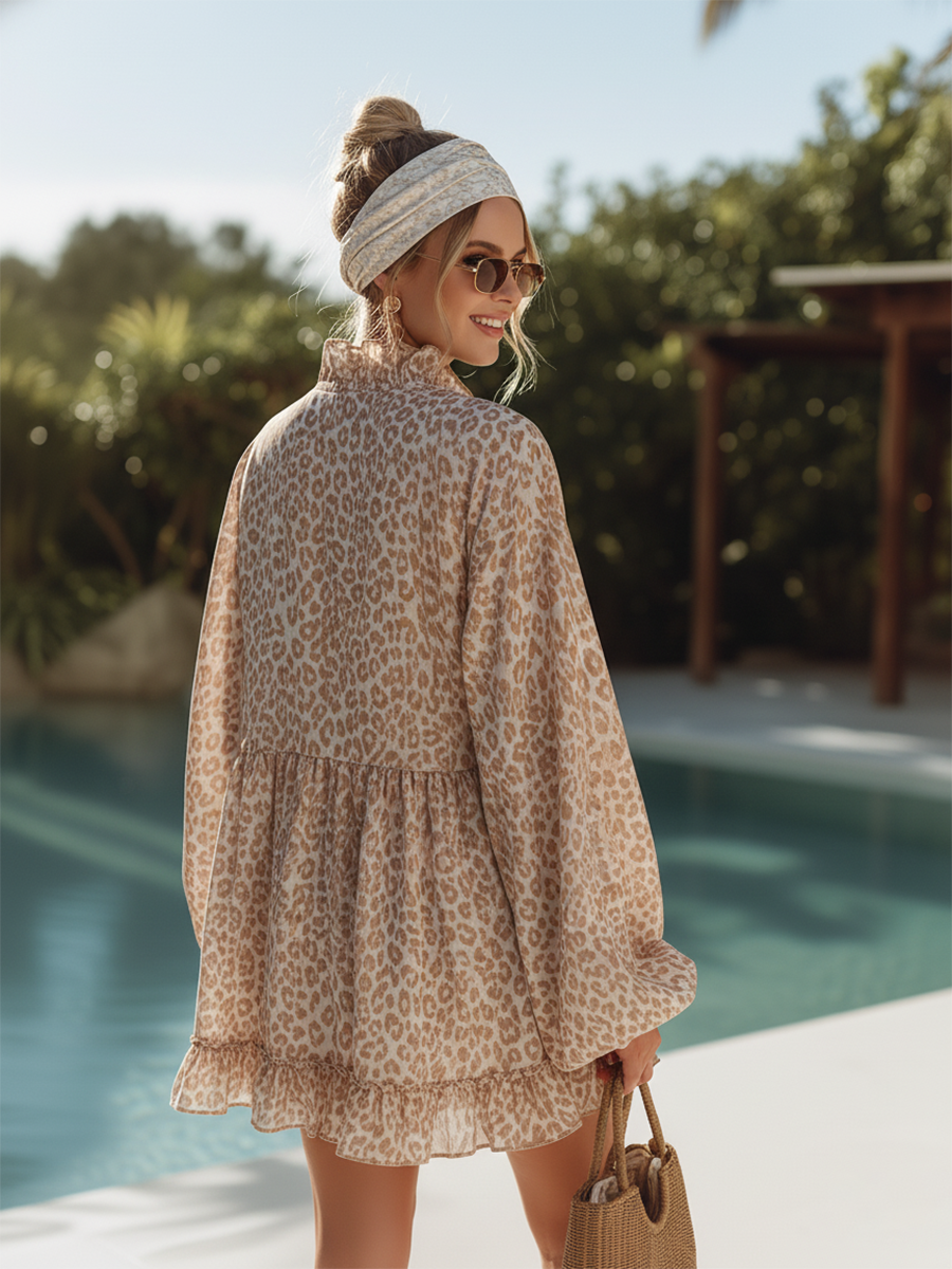 Elegant Bohemian V-neck Ruffled Leopard Print Chiffon Mini Dress