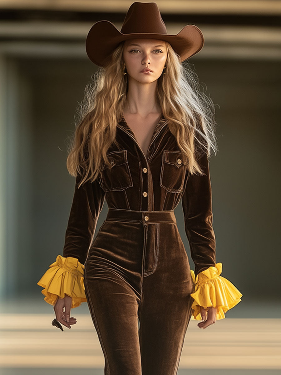 Vintage Brown Velvet Contrast Bell Sleeve Ruffle Jumpsuit