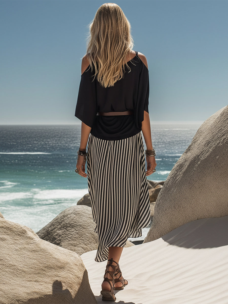 Bohemian Coast Black Off-Shoulder Top And Black And White Striped Skirt Set