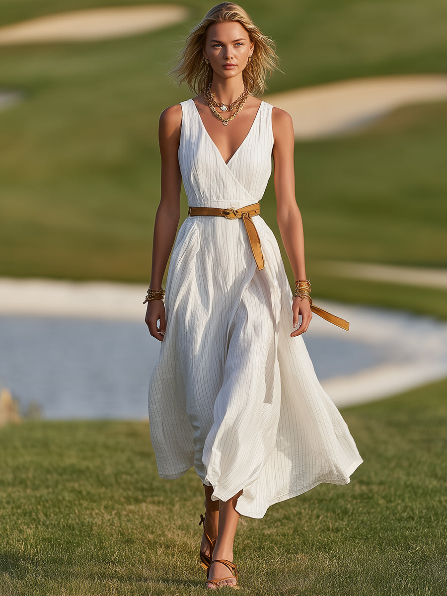 Elegant Resort-style Striped White Cotton V-neck Sleeveless Midi Dress