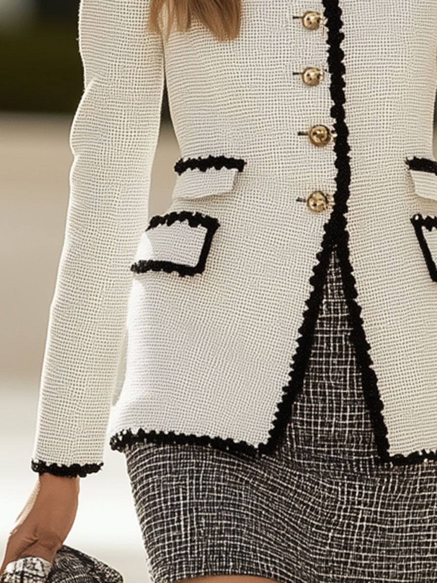 Vintage Elegant Black Trim White Tweed Blazer