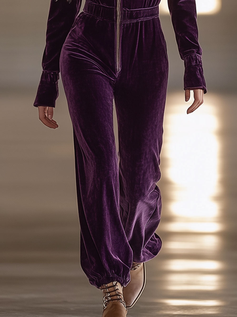Casual Retro Purple Velvet Zipper Long Sleeve Jumpsuit