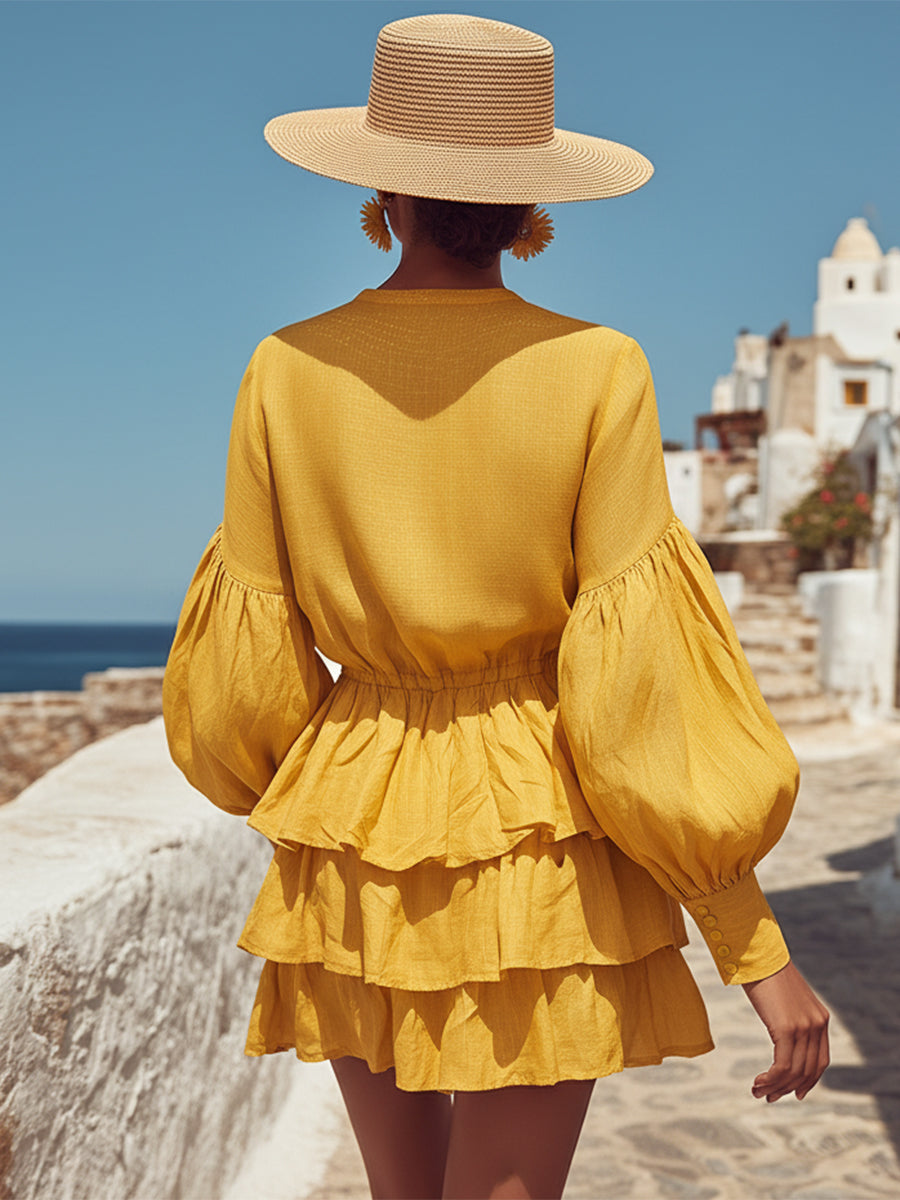 Vacation Casual Pale Yellow Cotton Linen Round Neck Ruffled Mini Dress