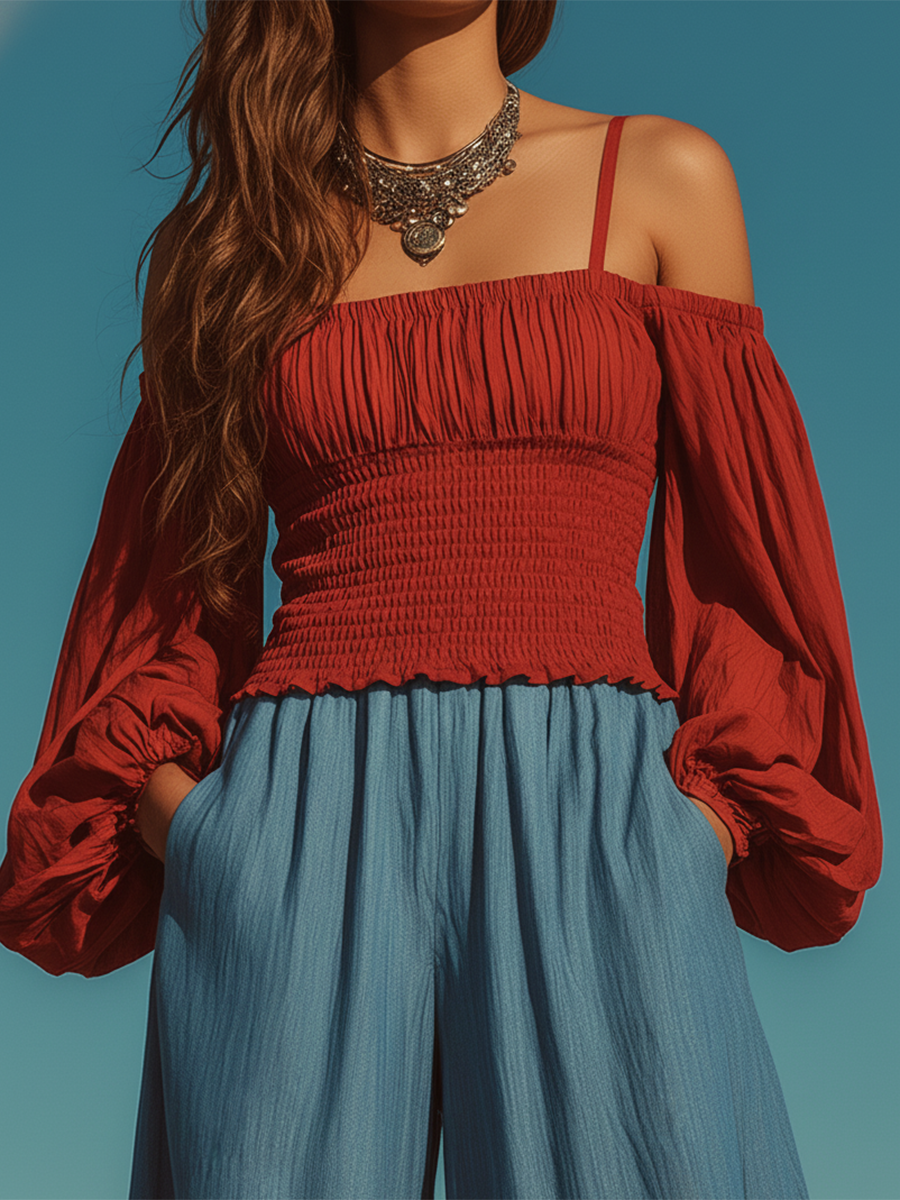 Retro Bohemian Red Cotton Off-Shoulder Top And Blue Tencel Wide-Leg Pants Set