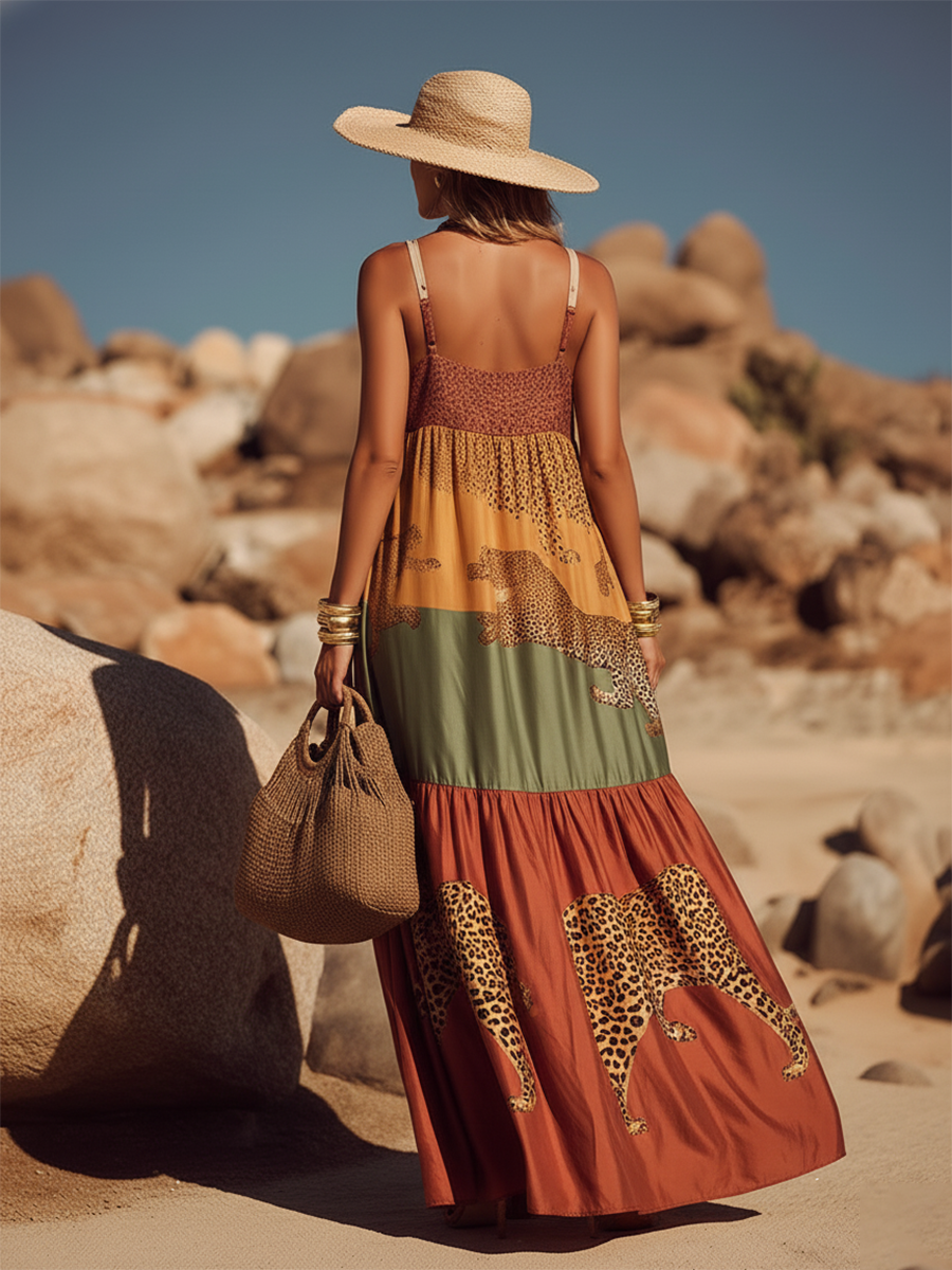 Retro And Stylish Animal Print Thin Straps Satin Maxi Dress