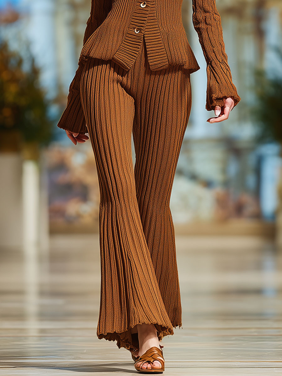 Retro Fashion Brown Knitted Striped Cardigan Flared Pants Set