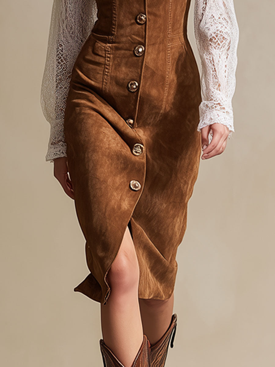 Vintage Caramel Suede Lace Long Sleeve Midi Dress